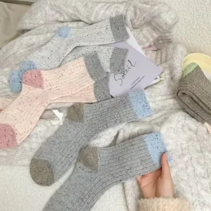 Women’s Thick Knit Mid-Calf Slouch Crew Socks Fall Winter Korean Dongdaemun Warm Spandex Cotton Daily Use Anti-Slip Disposable