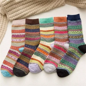 Women’s Thick Wool Dress Socks for Autumn Winter Cross-Border Ethnic Style Striped Flower Anti-Slip Crew Christmas Socks