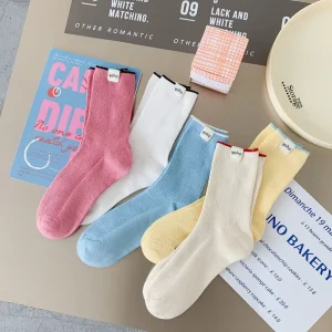 Women’s Unisex Casual Crew Socks Spring Summer Knitted Double Needle Sweat Absorbent Fabric Label Heel Color-Blocked Pure Cotton