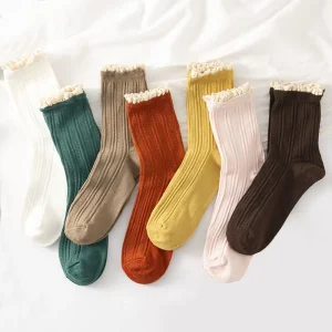 Women’s Vintage Dress Socks Ruffle Frilly Cute Flower Rayon Lace Trim Decorated Sheer Socks