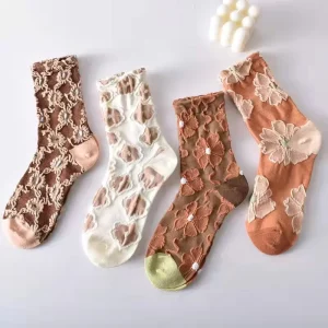 Women’s Vintage Floral Jacquard Ankle Socks 3D Textured Frilly Lolita Design Breathable Crew Length Body for Spring