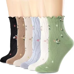 Women’s Vintage Floral Princess Lettuce Ruffle Pattern Crew Length Socks Cute Casual Dress Knitted Socks for Summer