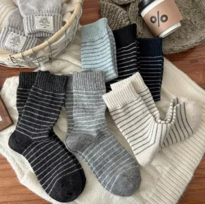 Women’s Vintage Striped Ankle Socks Wool Blend Thick Keep Warm Gray Blue Korean Style