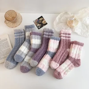 Women’s Warm Winter Thicken Striped Crew Socks Fluffy Indoor Cozy Home Fuzzy Socks for Daily Use