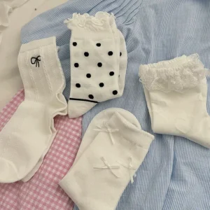 Women’s White Breathable Cotton Crew Lace Long Thin Socks