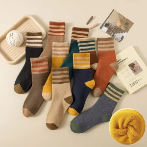 Women’s Winter Crew Thick Cotton Breathable Fleece Terry Socks Daily Use Warm Cuff Detail Knitted Anti-Slip Anti-Bacterial