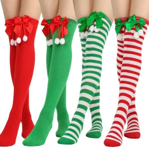 Women’s Winter Festive Over-the-Knee Striped Stockings with High Bow Knot Design