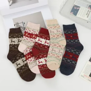 Women’s Winter Medium Tube Socks Soft Cotton All-Match Cartoon Embroidered Elk and Snowman Striped Pile Socks