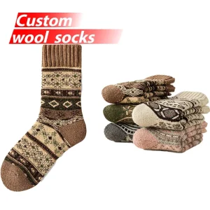 Women’s Winter Merino Wool Jauqard Socks Custom Logo Crew High Leopard Pattern Bottom Knitted Logo Cuff Spring