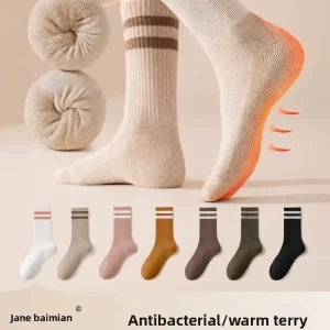Womens Winter Mid Calf Striped Antibacterial Odor Resistant Thick Heat Generating Warm Combed Cotton Terry Stockings O06 S02