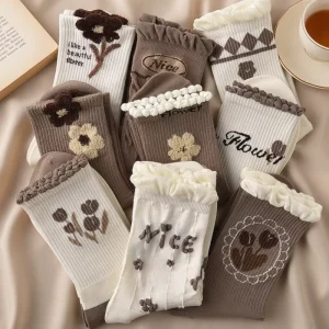 Women’s Winter Plush Floral Lace Knitted Anti-Bacterial Crew Socks Trendy All-Match High Color Value