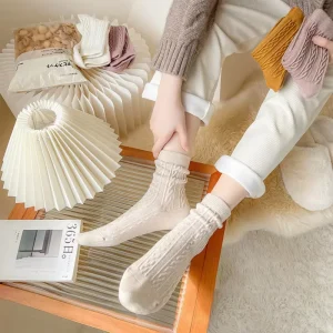 Women’s Winter Solid Color Crew Knitted Thermal Thick Casual Socks Black White Cashmere Wool Japanese Hemp Polyamide