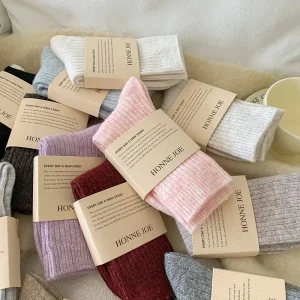 Women’s Wool Cashmere Knitted Thick Winter Warm Postpartum Home Floor Slouch Socks Japanese-Style Simple Mid-Calf