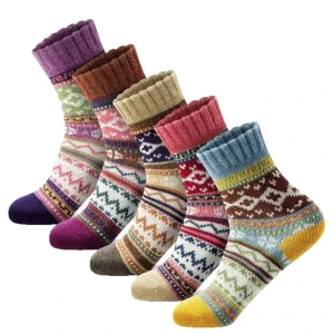 Women’s Wool Socks 5 Pairs Winter Warm Socks Thick Knit Wool Soft Vintage Casual Crew Socks Gifts for Women Men
