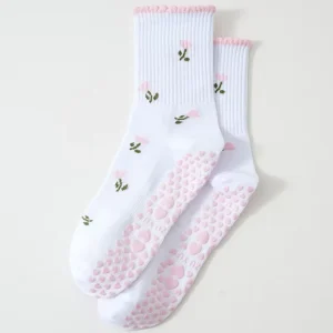 Women’s Yoga Socks Mid Calf Non Slip Knitted Cotton Blend Fitness Dance Floor Socks Embroidery
