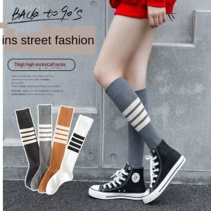 Women’s Youth Children’s Cotton Regular Style Spring Ankle Socks Striped Digital Printing Black White High Ankle Knitted Cuff