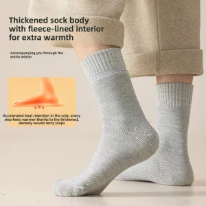 Wool Socks Men’s Winter Warm Knitted Single Needle Solid Color Deodorizing Mid Calf Extra Thick Fleece Terry Long Socks