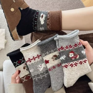 Woolen Warm Fair Island Mid calf Women’s Autumn And Winter Thickened And Fleece Cute Puppy Long Socks