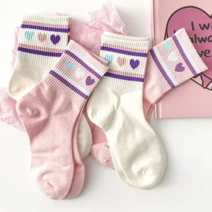 japanese retro korean style stripes socks teen young girls tube quarter old school love pink socks cotton socks women’s