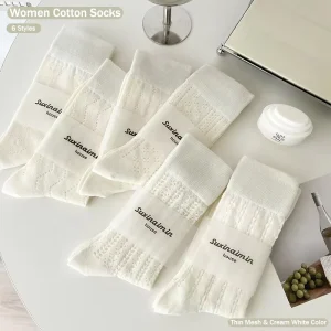 on Stock Ins Style Cream White Girls’ Medium Socks Spring and Summer Thin Mesh Breathable Pile Socks for Women