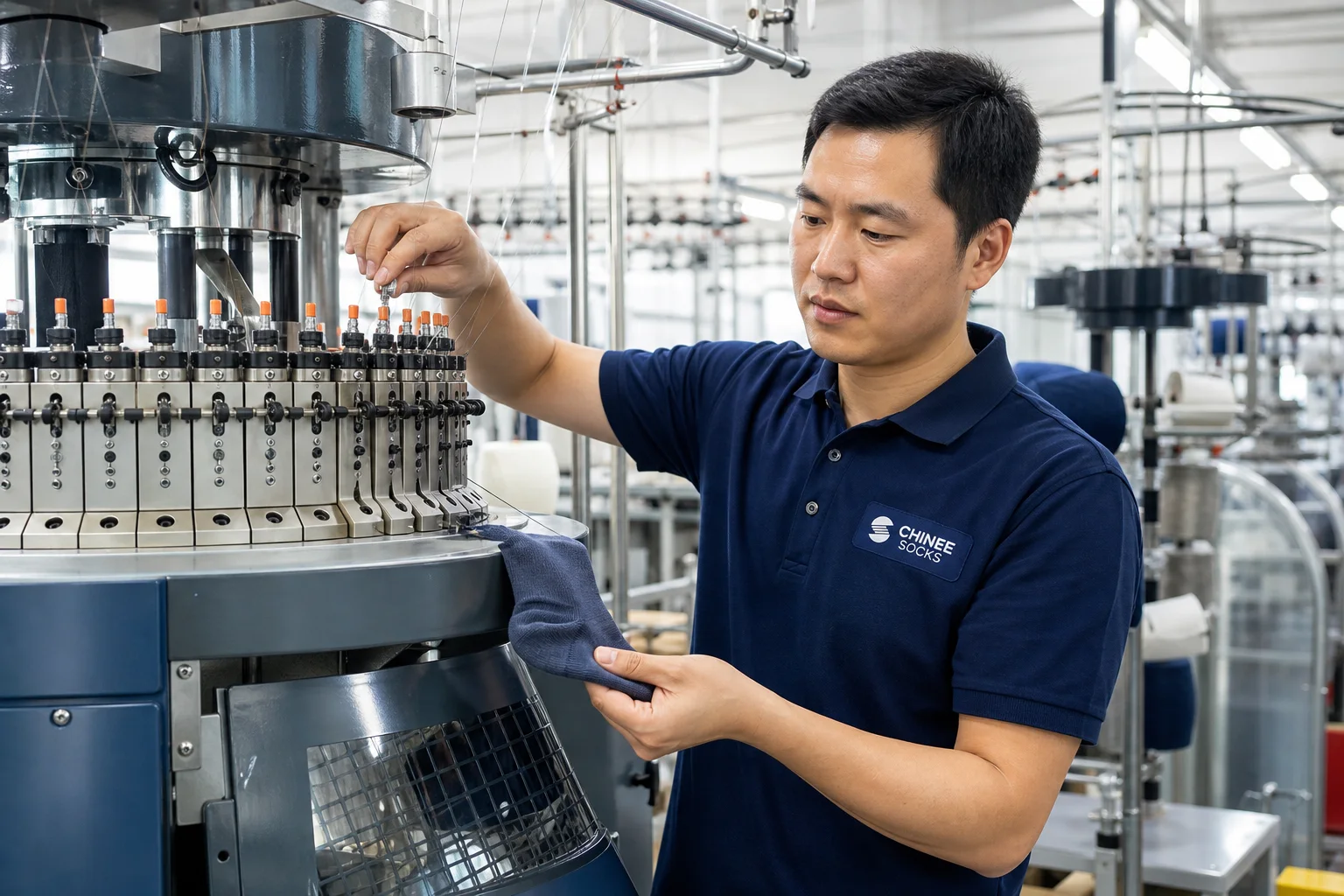 CHINEE SOCKS operator checking an automatic sock knitting machine