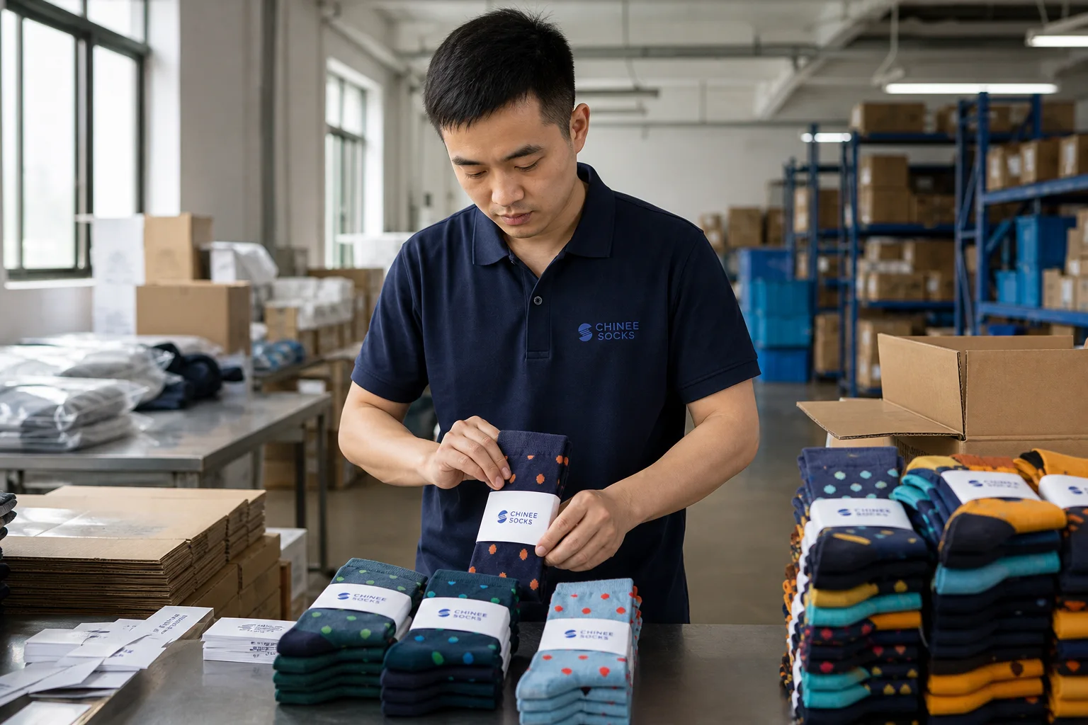 CHINEE SOCKS worker pairing and packing finished socks