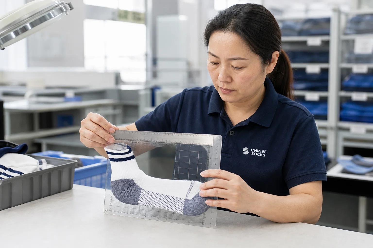 CHINEE SOCKS quality inspector measuring a finished sock